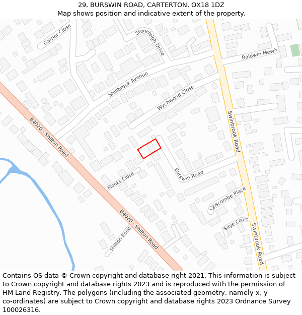 29, BURSWIN ROAD, CARTERTON, OX18 1DZ: Location map and indicative extent of plot