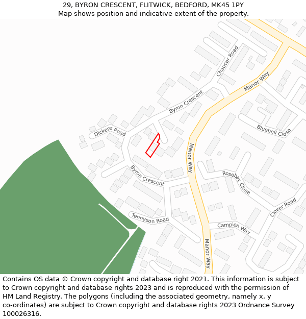 29, BYRON CRESCENT, FLITWICK, BEDFORD, MK45 1PY: Location map and indicative extent of plot