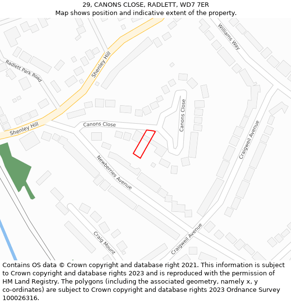 29, CANONS CLOSE, RADLETT, WD7 7ER: Location map and indicative extent of plot