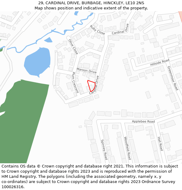 29, CARDINAL DRIVE, BURBAGE, HINCKLEY, LE10 2NS: Location map and indicative extent of plot