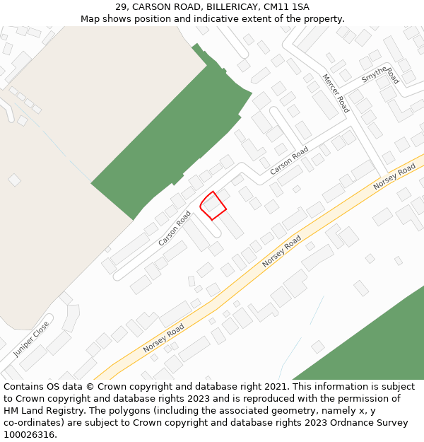 29, CARSON ROAD, BILLERICAY, CM11 1SA: Location map and indicative extent of plot