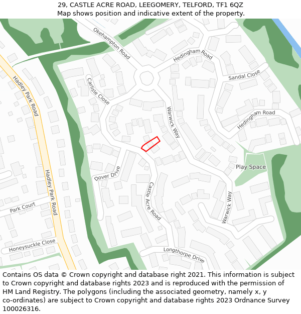 29, CASTLE ACRE ROAD, LEEGOMERY, TELFORD, TF1 6QZ: Location map and indicative extent of plot