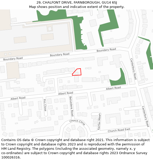 29, CHALFONT DRIVE, FARNBOROUGH, GU14 6SJ: Location map and indicative extent of plot