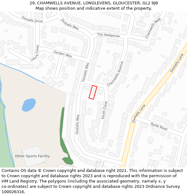 29, CHAMWELLS AVENUE, LONGLEVENS, GLOUCESTER, GL2 9JB: Location map and indicative extent of plot