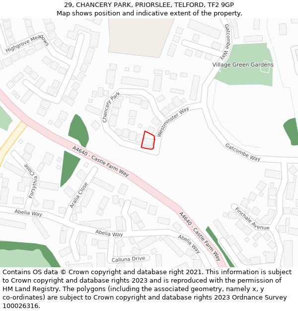 29, CHANCERY PARK, PRIORSLEE, TELFORD, TF2 9GP: Location map and indicative extent of plot