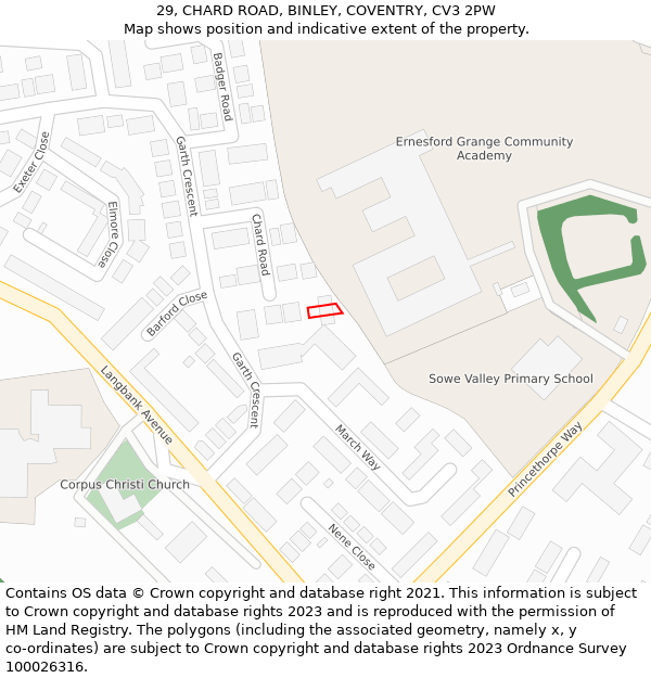 29, CHARD ROAD, BINLEY, COVENTRY, CV3 2PW: Location map and indicative extent of plot