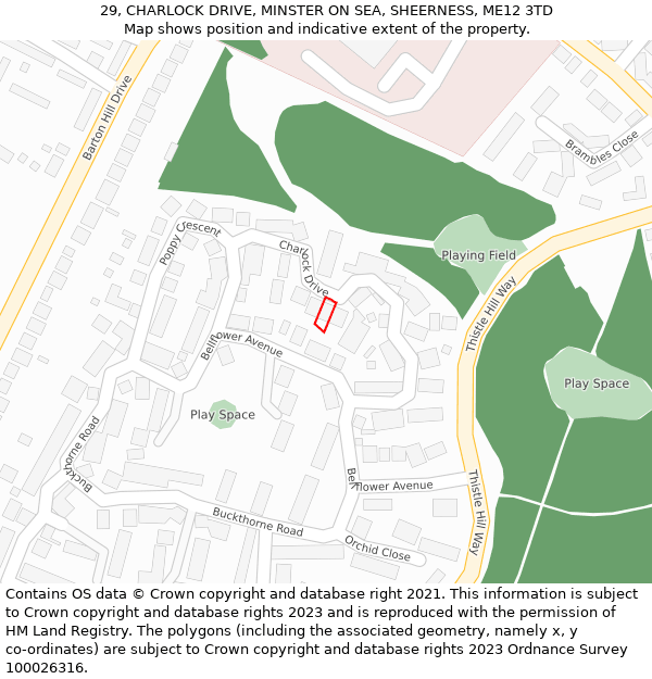 29, CHARLOCK DRIVE, MINSTER ON SEA, SHEERNESS, ME12 3TD: Location map and indicative extent of plot