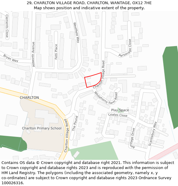 29, CHARLTON VILLAGE ROAD, CHARLTON, WANTAGE, OX12 7HE: Location map and indicative extent of plot