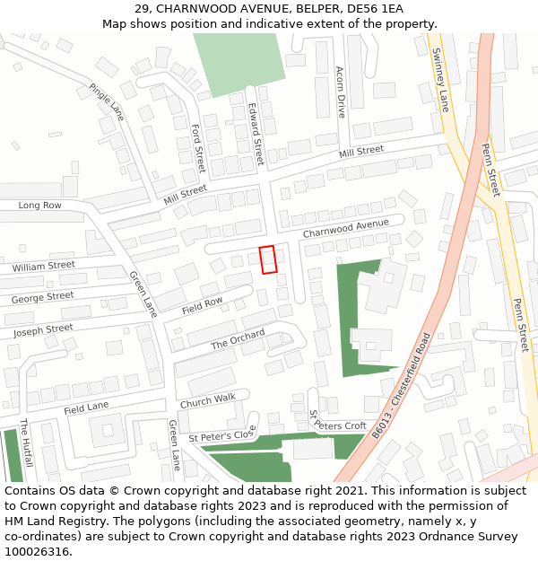 29, CHARNWOOD AVENUE, BELPER, DE56 1EA: Location map and indicative extent of plot