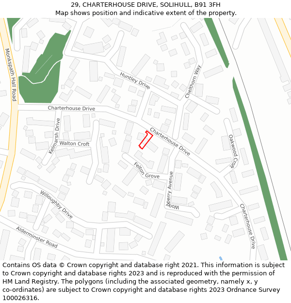 29, CHARTERHOUSE DRIVE, SOLIHULL, B91 3FH: Location map and indicative extent of plot