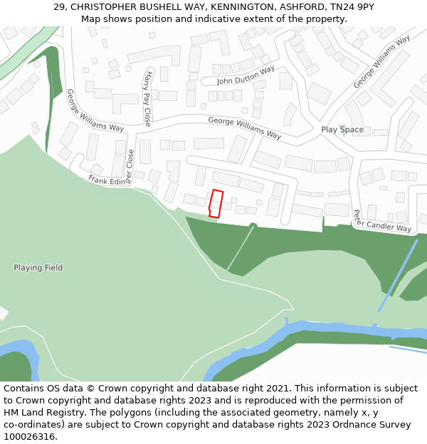 29, CHRISTOPHER BUSHELL WAY, KENNINGTON, ASHFORD, TN24 9PY: Location map and indicative extent of plot