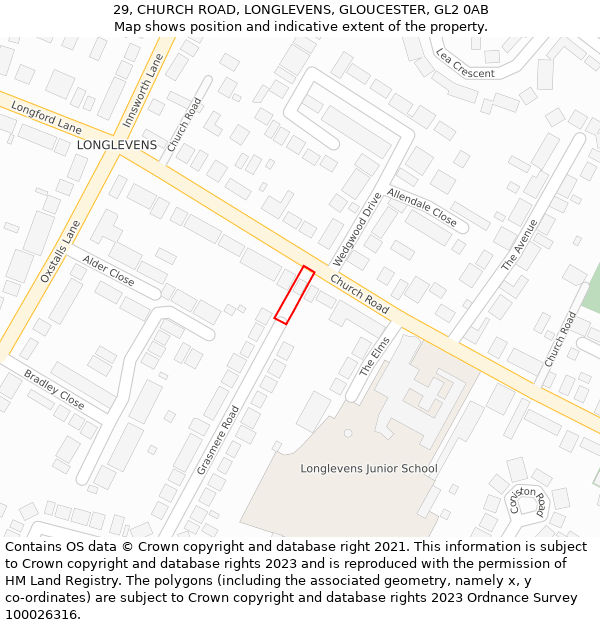 29, CHURCH ROAD, LONGLEVENS, GLOUCESTER, GL2 0AB: Location map and indicative extent of plot