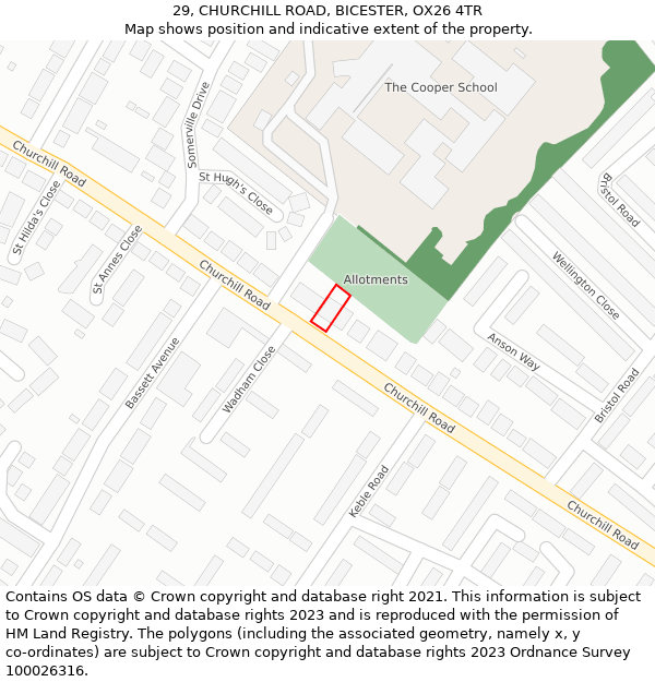 29, CHURCHILL ROAD, BICESTER, OX26 4TR: Location map and indicative extent of plot