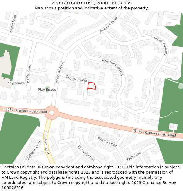 29, CLAYFORD CLOSE, POOLE, BH17 9BS: Location map and indicative extent of plot