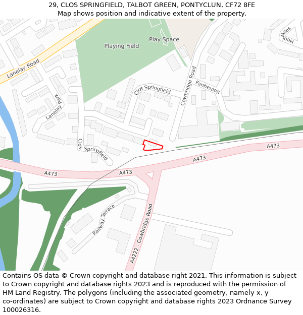 29, CLOS SPRINGFIELD, TALBOT GREEN, PONTYCLUN, CF72 8FE: Location map and indicative extent of plot