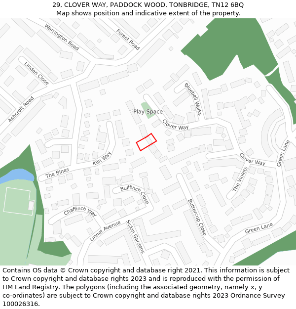 29, CLOVER WAY, PADDOCK WOOD, TONBRIDGE, TN12 6BQ: Location map and indicative extent of plot