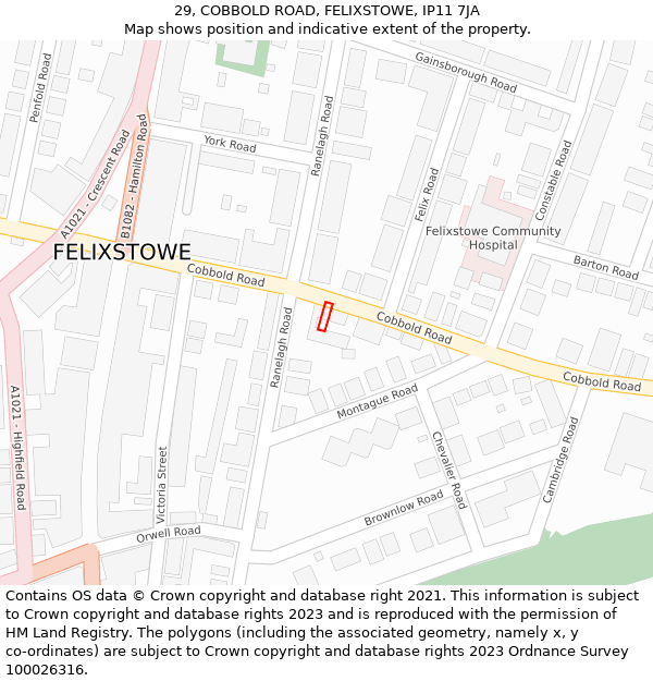 29, COBBOLD ROAD, FELIXSTOWE, IP11 7JA: Location map and indicative extent of plot