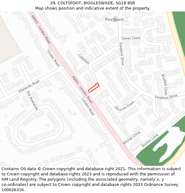 29, COLTSFOOT, BIGGLESWADE, SG18 8SR: Location map and indicative extent of plot