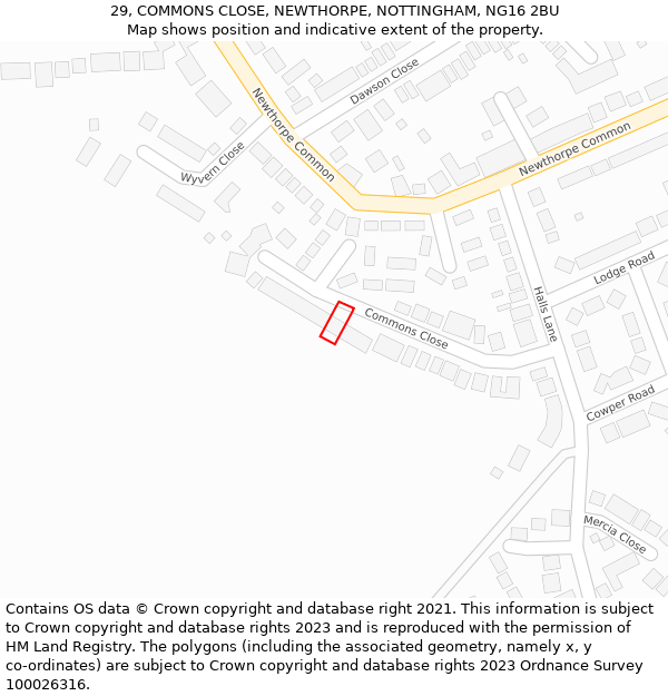 29, COMMONS CLOSE, NEWTHORPE, NOTTINGHAM, NG16 2BU: Location map and indicative extent of plot