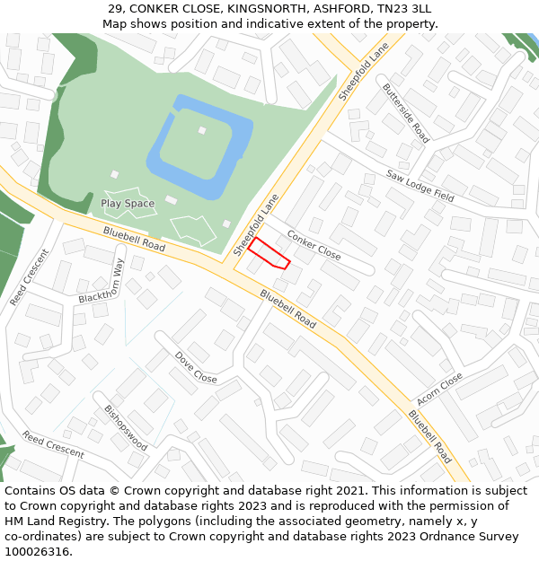 29, CONKER CLOSE, KINGSNORTH, ASHFORD, TN23 3LL: Location map and indicative extent of plot