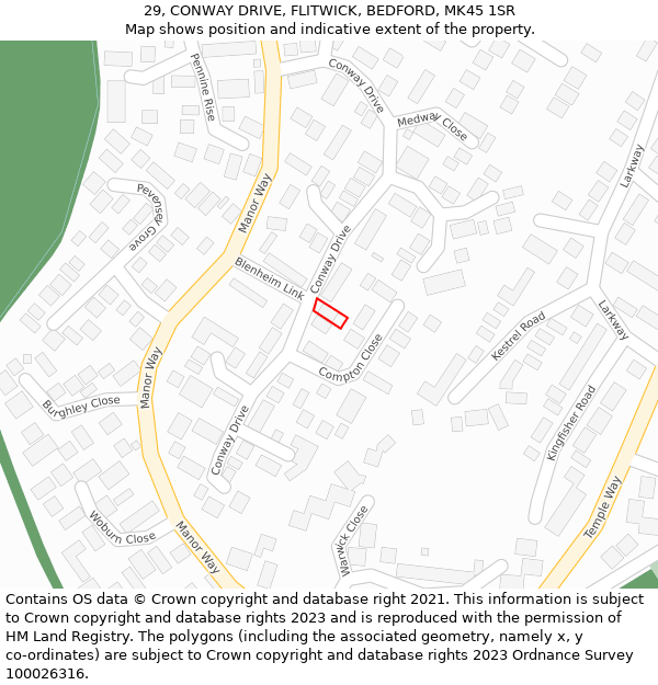 29, CONWAY DRIVE, FLITWICK, BEDFORD, MK45 1SR: Location map and indicative extent of plot