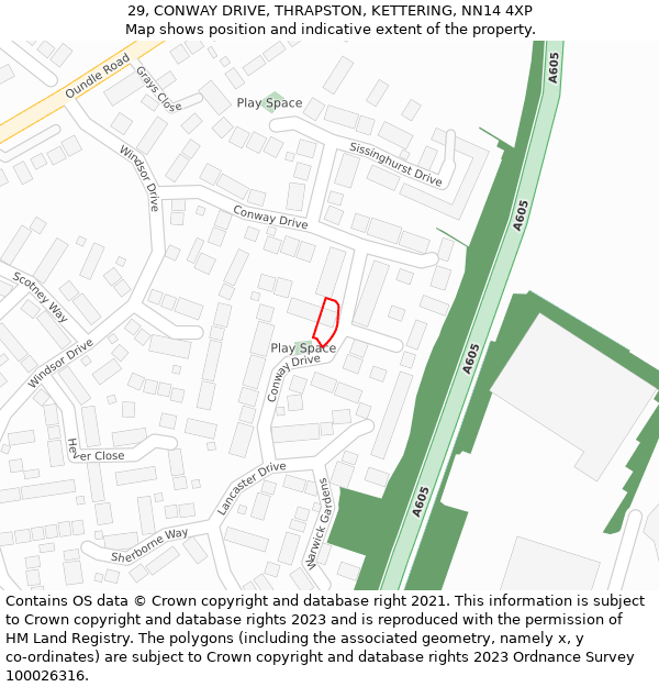 29, CONWAY DRIVE, THRAPSTON, KETTERING, NN14 4XP: Location map and indicative extent of plot