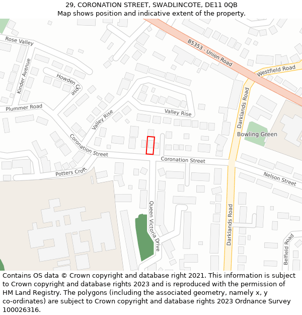 29, CORONATION STREET, SWADLINCOTE, DE11 0QB: Location map and indicative extent of plot