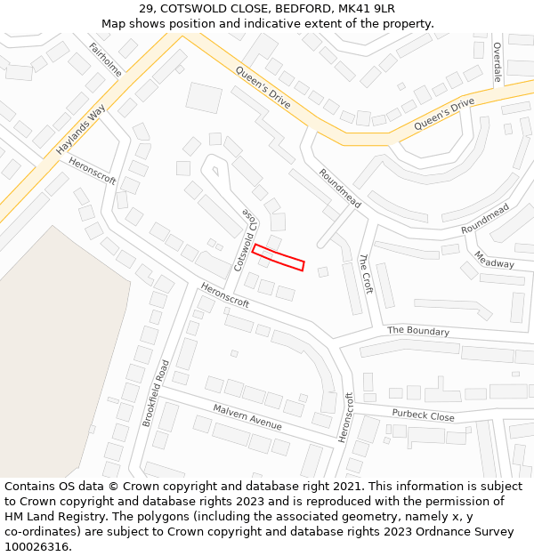 29, COTSWOLD CLOSE, BEDFORD, MK41 9LR: Location map and indicative extent of plot