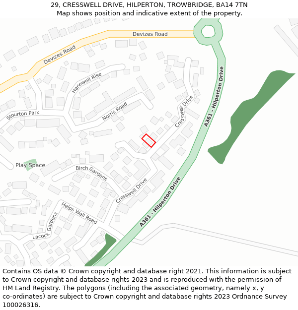 29, CRESSWELL DRIVE, HILPERTON, TROWBRIDGE, BA14 7TN: Location map and indicative extent of plot