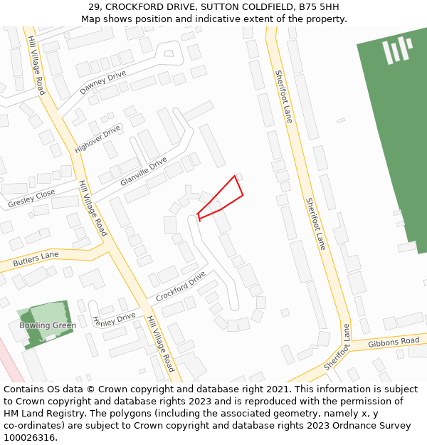 29, CROCKFORD DRIVE, SUTTON COLDFIELD, B75 5HH: Location map and indicative extent of plot