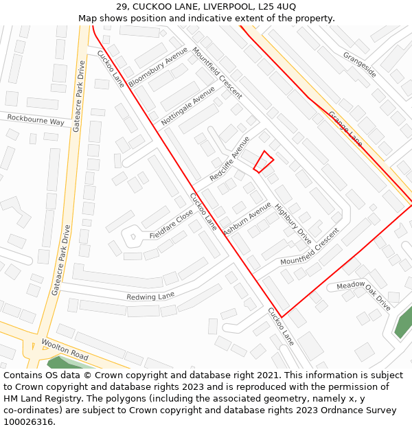 29, CUCKOO LANE, LIVERPOOL, L25 4UQ: Location map and indicative extent of plot