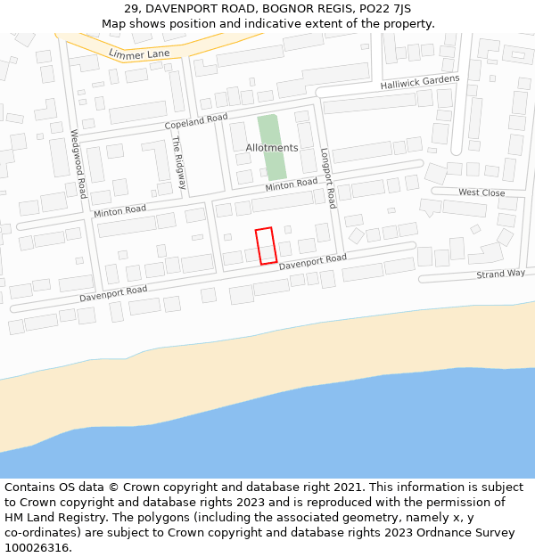 29, DAVENPORT ROAD, BOGNOR REGIS, PO22 7JS: Location map and indicative extent of plot