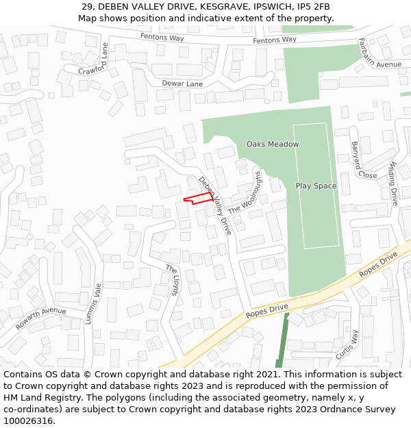 29, DEBEN VALLEY DRIVE, KESGRAVE, IPSWICH, IP5 2FB: Location map and indicative extent of plot