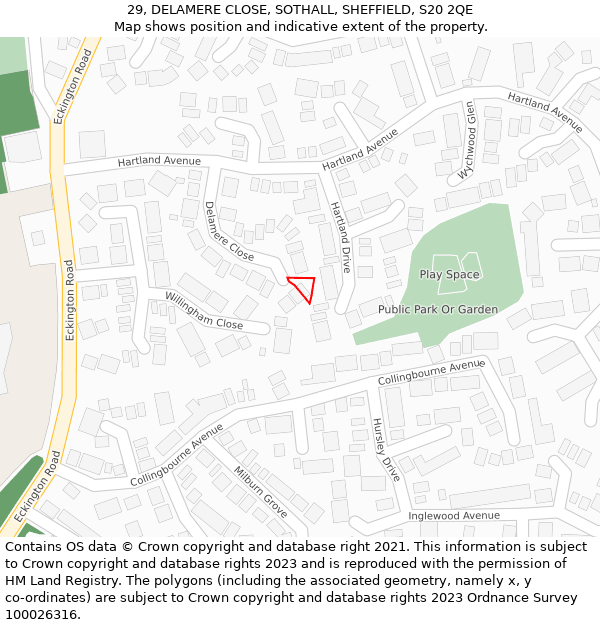 29, DELAMERE CLOSE, SOTHALL, SHEFFIELD, S20 2QE: Location map and indicative extent of plot