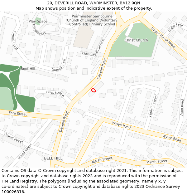 29, DEVERILL ROAD, WARMINSTER, BA12 9QN: Location map and indicative extent of plot