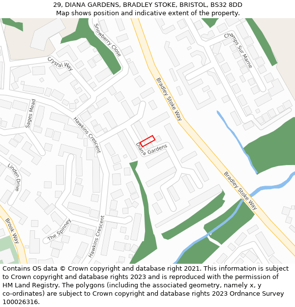 29, DIANA GARDENS, BRADLEY STOKE, BRISTOL, BS32 8DD: Location map and indicative extent of plot