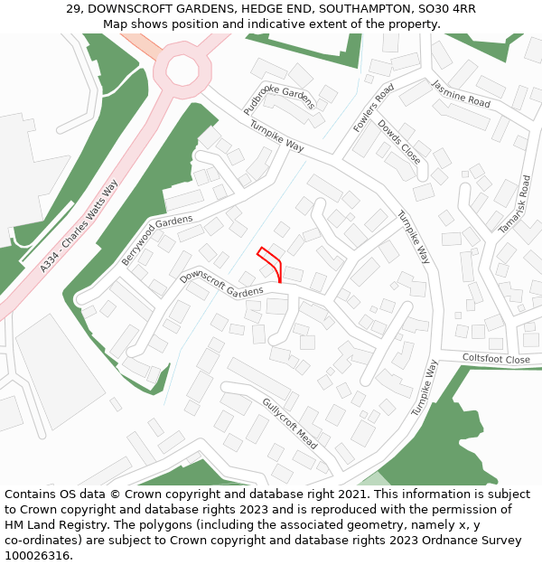 29, DOWNSCROFT GARDENS, HEDGE END, SOUTHAMPTON, SO30 4RR: Location map and indicative extent of plot