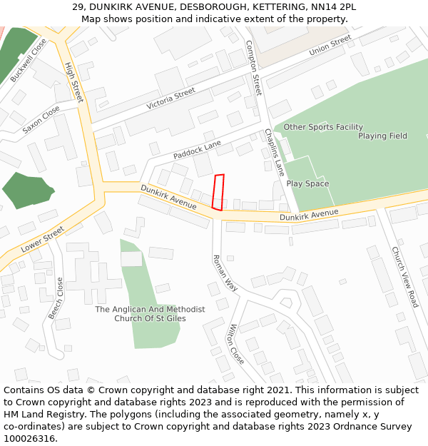 29, DUNKIRK AVENUE, DESBOROUGH, KETTERING, NN14 2PL: Location map and indicative extent of plot
