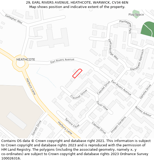 29, EARL RIVERS AVENUE, HEATHCOTE, WARWICK, CV34 6EN: Location map and indicative extent of plot