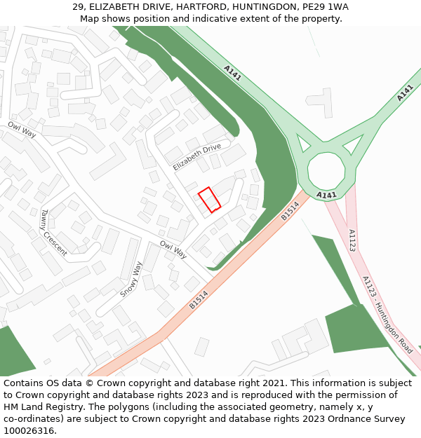 29, ELIZABETH DRIVE, HARTFORD, HUNTINGDON, PE29 1WA: Location map and indicative extent of plot