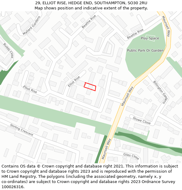 29, ELLIOT RISE, HEDGE END, SOUTHAMPTON, SO30 2RU: Location map and indicative extent of plot