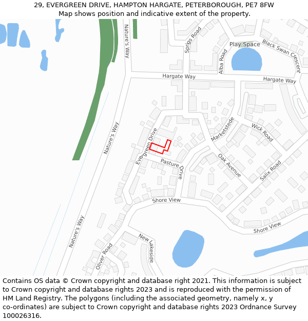 29, EVERGREEN DRIVE, HAMPTON HARGATE, PETERBOROUGH, PE7 8FW: Location map and indicative extent of plot