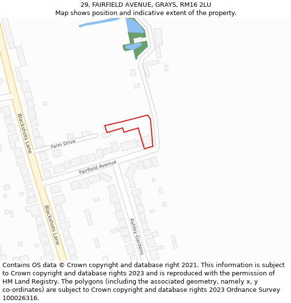 29, FAIRFIELD AVENUE, GRAYS, RM16 2LU: Location map and indicative extent of plot