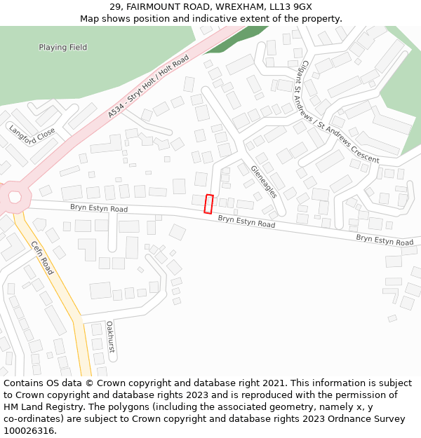 29, FAIRMOUNT ROAD, WREXHAM, LL13 9GX: Location map and indicative extent of plot