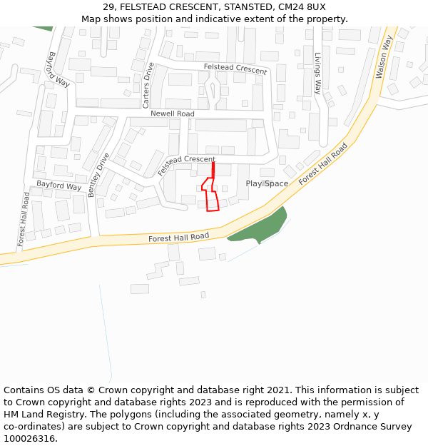 29, FELSTEAD CRESCENT, STANSTED, CM24 8UX: Location map and indicative extent of plot