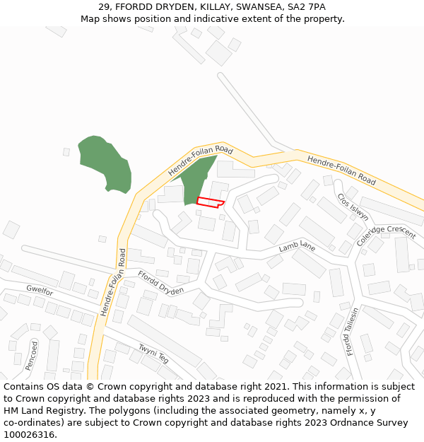 29, FFORDD DRYDEN, KILLAY, SWANSEA, SA2 7PA: Location map and indicative extent of plot