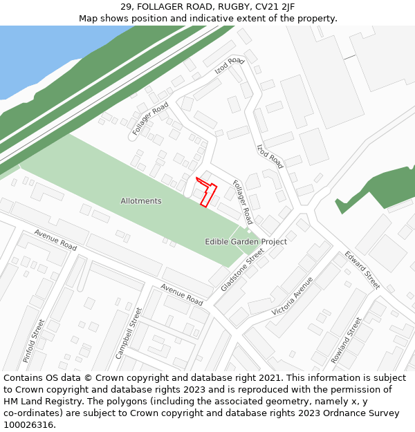 29, FOLLAGER ROAD, RUGBY, CV21 2JF: Location map and indicative extent of plot