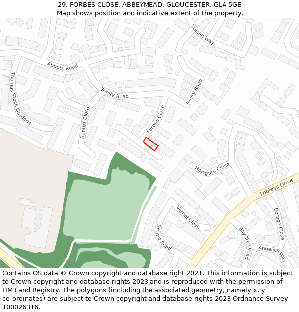 29, FORBES CLOSE, ABBEYMEAD, GLOUCESTER, GL4 5GE: Location map and indicative extent of plot