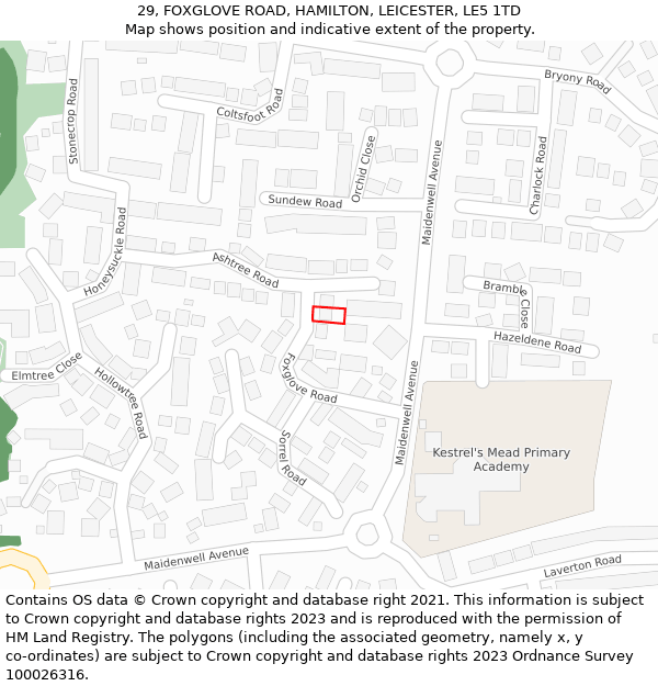 29, FOXGLOVE ROAD, HAMILTON, LEICESTER, LE5 1TD: Location map and indicative extent of plot