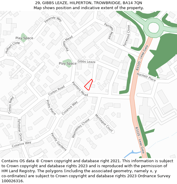 29, GIBBS LEAZE, HILPERTON, TROWBRIDGE, BA14 7QN: Location map and indicative extent of plot